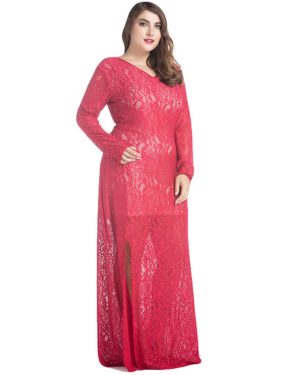 (Red, XL) Women Lace Maxi Dress V-Neck Full Sleeve Lined Evening Party Solid Long Plus Size