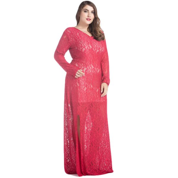 (Red, XL) Women Lace Maxi Dress V-Neck Full Sleeve Lined Evening Party Solid Long Plus Size