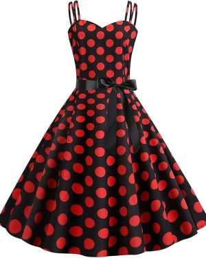 (Red and Black, X-Large) Women's Vintage 1950s Retro Rockabilly Dress Polka Dot Sleeveless Cocktail Evening Party Swing Dresses With Belt