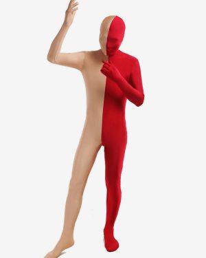 Red and Fleshcolor Two Tone Zentai Suit Full Body Lycra Spandex Bodysuit