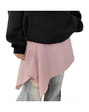 (Red and white stripe) Women Checkered Layering Wrap Skirt A Line Detachable Underskirt Tie Up Asymmetrical Hip Scarf Shirt Extender Streetwear Blue
