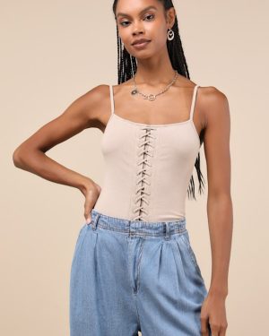 Refreshing Update Beige Ribbed Lace-Up Sleeveless Bodysuit