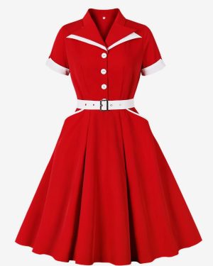 Retro Dress Red 1950s Audrey Hepburn Style Two-Tone Sash Short Sleeves Turndown Collar Long Swing Dress