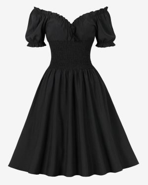 Retro Glamour Dress 1950s Audrey Hepburn Style Black Woman's Short Sleeves Swing Dress