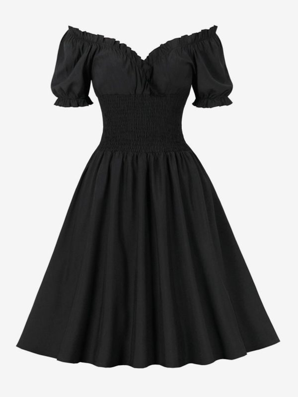 Retro Glamour Dress 1950s Audrey Hepburn Style Black Woman's Short Sleeves Swing Dress