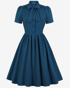 Retro Glamour Dress 1950s Audrey Hepburn Style Navy Women Short Sleeves Swing Dress
