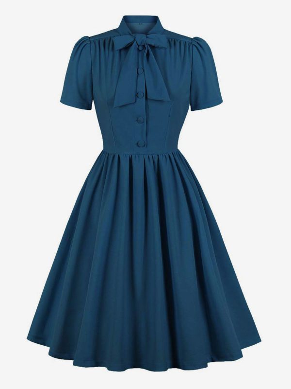Retro Glamour Dress 1950s Audrey Hepburn Style Navy Women Short Sleeves Swing Dress