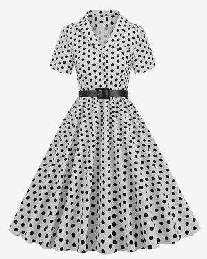 Retro Glamour Dress 1950s Audrey Hepburn Style Turndown Collar Buttons Short Sleeves Polka Dot Swing Dress