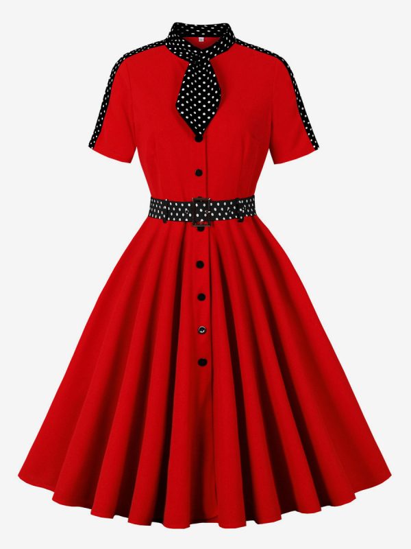 Retro Polka Dot Shirt Dress With Tie And Belt Vintage Inspired Midi Dress For Women 2025