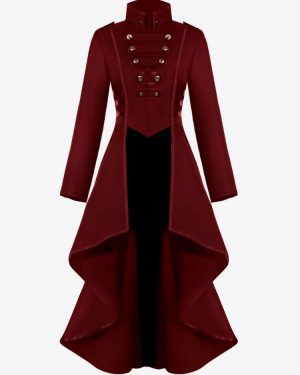 Retro Tudor Dress Costumes Women's Overcoat Dark Red Stand Collar Button Up Ruffle High Low Vintage Clothing