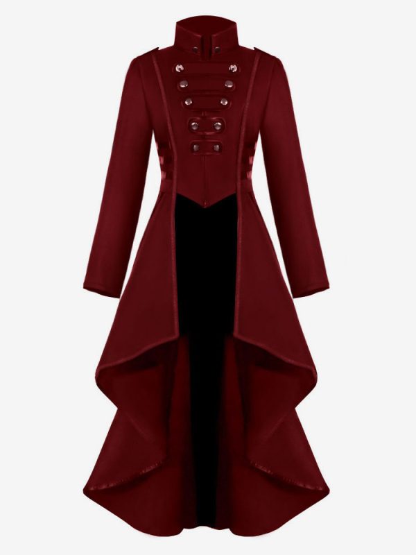 Retro Tudor Dress Costumes Women's Overcoat Dark Red Stand Collar Button Up Ruffle High Low Vintage Clothing
