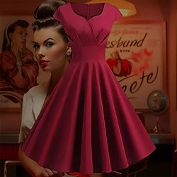 Retro Vintage 1950s Cocktail Dress Knee Length Dress Flare Dress Christmas Party Dress A-Line V Neck Normal Women's Carnival New Year Masquerade Vacation Casual Dress Adults' Dress Homecoming Dresses