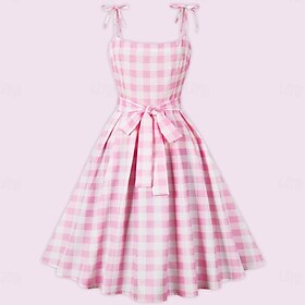 Retro Vintage 1950s Hot Pink Swing Dress Flare Dress Checkered Gingham Women's Masquerade Daily Wear Date Bachelorette Party Adults' Dress Homecoming Dresses