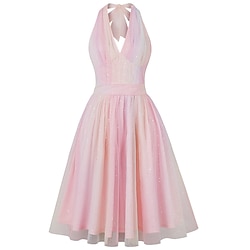 Retro Vintage 1950s Rockabilly Midi Cocktail Dress Flare Dress Sequins Halter Rainbow Women's Vacation Homecoming Party Evening Adults Dress Summer