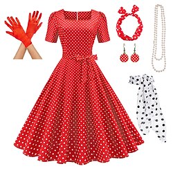 Retro Vintage 1950s Rockabilly Petticoat Hoop Skirt A-Line Dress Tutu Polka Dot Women's Party / Evening Masquerade Bachelorette Party Adults' Dress Gloves Earrings Spring Summer