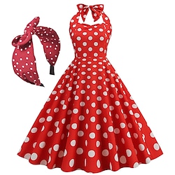 Retro Vintage 1950s Vintage Inspired Knee Length Cocktail Dress Headband Swing Dress Sleeveless Bow Polka Dot Fit Flare Halter Neck Women's Carnival Valentine's Day Masquerade Party Wedding Party