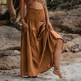Retro Vintage Medieval Renaissance Maxi Skirt Ren Faire Vikings Elven Elastic Waist Regency Inspired Solid Color Women's Fantasy Masquerade Vacation Casual Dai