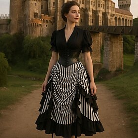 Retro Vintage Renaissance Steampunk Asymmetrical Dress Corset Outfits Pirate Stripes A-Line Women's Pirate Royal Halloween Carnival Party LARP Ren Faire Adults