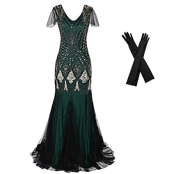 Retro Vintage Roaring 20s 1920s Flapper Dress Outfits Accessories Set The Great Gatsby Wedding Guest Sequins Sequin V Neck Women's Halloween Carnival Masquerade Carnival Party / Evening Party