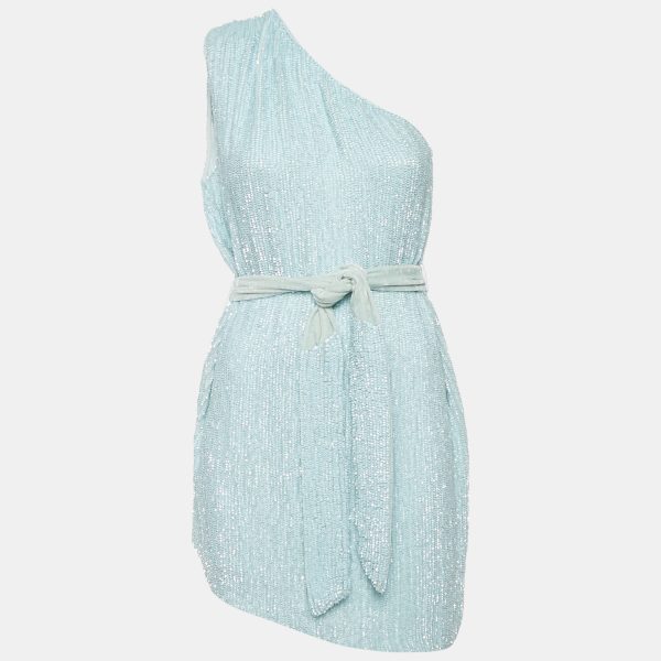 Retrofete Blue Velvet Trim Sequin One Shoulder Dress S