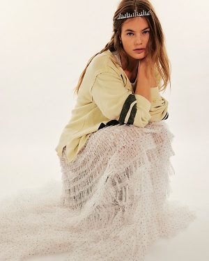 Return Of The Ruffle Maxi Slip Skirt by Intimately at Free People in Pin Dot Ivory Combo, Size: XS