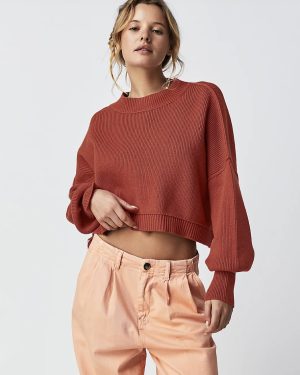 Ribbed Sweater Drop Shoulder Long Sleeves Slit Crop Top For Women
