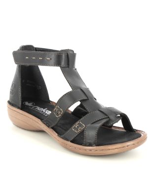 Rieker 60860-01 Black leather Womens Gladiator Sandals in a Plain Leather in Size 39