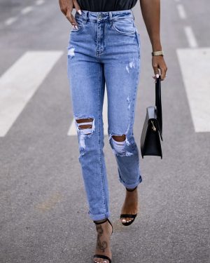 Ripped Jeans Casual High Rise Cotton Women's Spring Bottom 2025