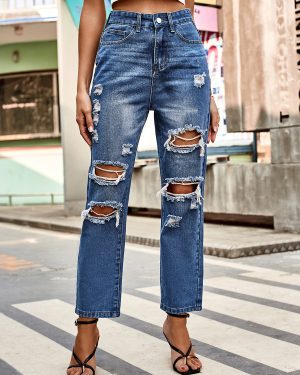 Ripped Jeans For Woman Natural Waist Casual Straight Denim Bottoms 2025