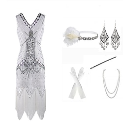 Roaring 20s Vintage Inspired The Great Gatsby Short Length Flapper Dress Dress Outfits Sleeveless The Great Gatsby Wedding Guest Sequins Tassel Fringe Sequin V Neck Women's Halloween Masquerade