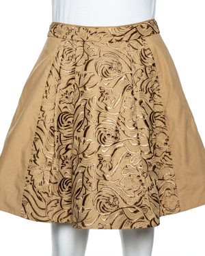 Roberto Cavalli Beige Embroidered Cotton Pleated Mini Skirt S