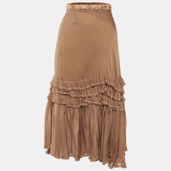 Roberto Cavalli Beige Silk Ruffled Layered Midi Skirt XS