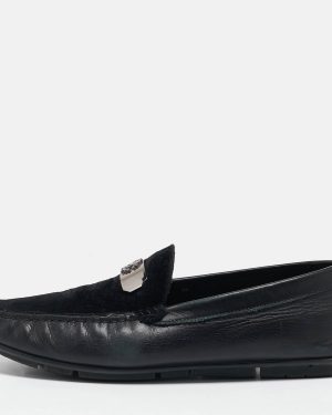 Roberto Cavalli Black Leather and Velvet Slip On Loafers Size 41.5