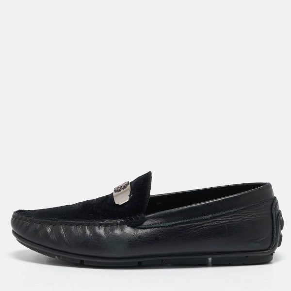 Roberto Cavalli Black Leather and Velvet Slip On Loafers Size 41.5