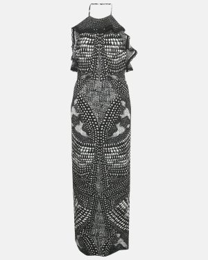 Roberto Cavalli Black Print Crepe Halter Neck Maxi Dress M