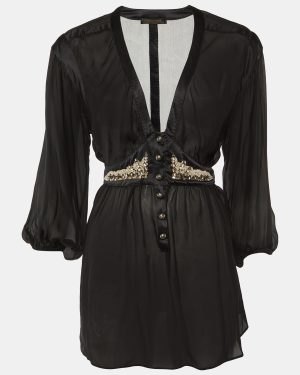 Roberto Cavalli Black Silk Chiffon & Satin Trim Detail Tunic Top M
