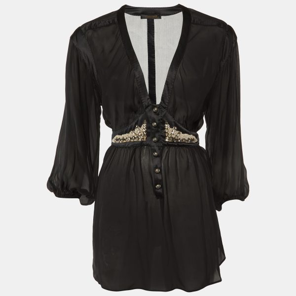 Roberto Cavalli Black Silk Chiffon & Satin Trim Detail Tunic Top M