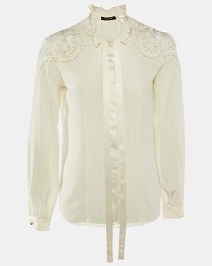 Roberto Cavalli Cream Silk Embroidered Button Front Shirt S