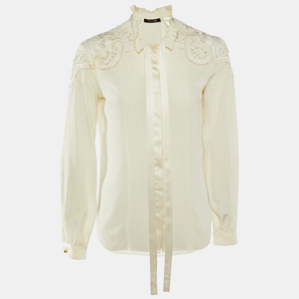 Roberto Cavalli Cream Silk Embroidered Button Front Shirt S