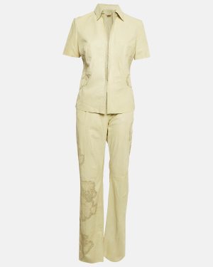 Roberto Cavalli Green Laser Cut Detail Leather Top and Pants Set M