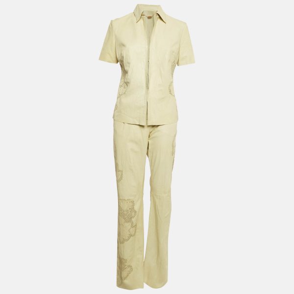 Roberto Cavalli Green Laser Cut Detail Leather Top and Pants Set M