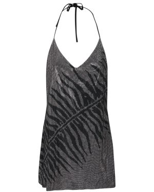 Roberto Cavalli Silver Black Halter Style Mini Dress