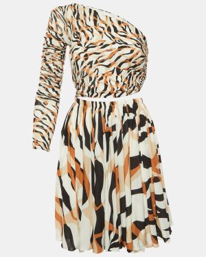Roberto Cavalli White Macro Tiger Twiga Print Knit Cut-Out Mini Dress S