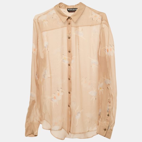 Rochas Beige Ballerina Print Silk Sheer Shirt L
