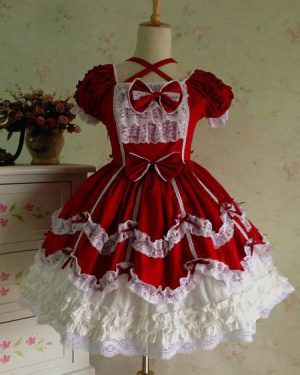 Rococo Lolita Dress JSK Lace Ruffles Bow Decor Pleated Cotton Lolita Jumper Skirt