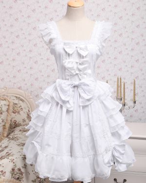 Rococo Lolita JSK Dress Lace Bow Ruffle White Cotton Lolita Jumper Skirt