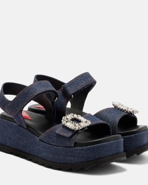 Roger Vivier Embellished denim wedge sandals