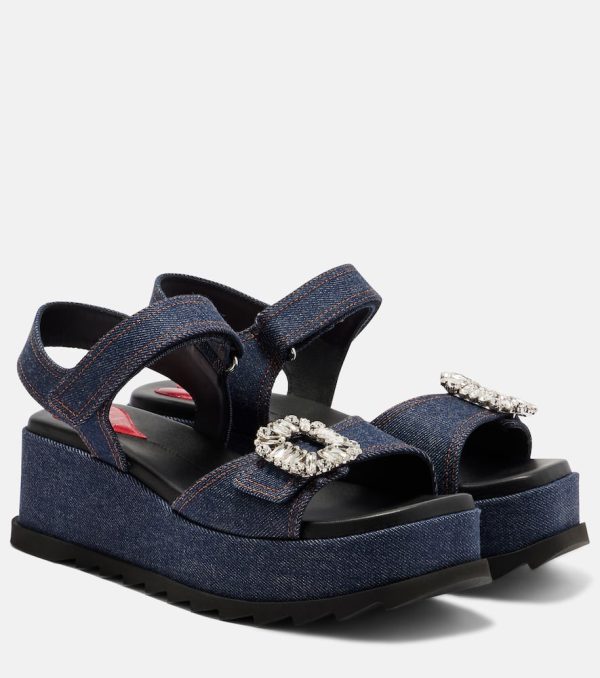 Roger Vivier Embellished denim wedge sandals