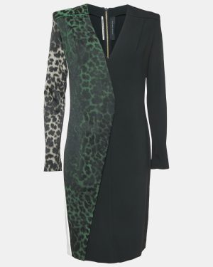 Roland Mouret Black/Green Leopard Print Crepe Sheath Dress M