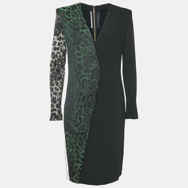 Roland Mouret Black/Green Leopard Print Crepe Sheath Dress M